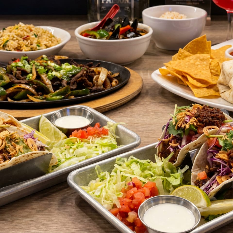 Mexican restaurant spread featuring tacos, burritos, tortilla chips, fajitas, rice, beans, salsa, and colorful drinks on a wooden table.