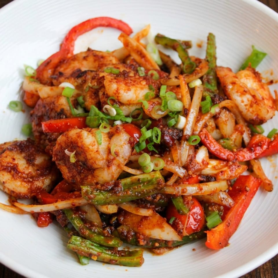 Spicy stir-fried shrimp with vegetables, onions, peppers, and scallions served in a white bowl on a wooden table.