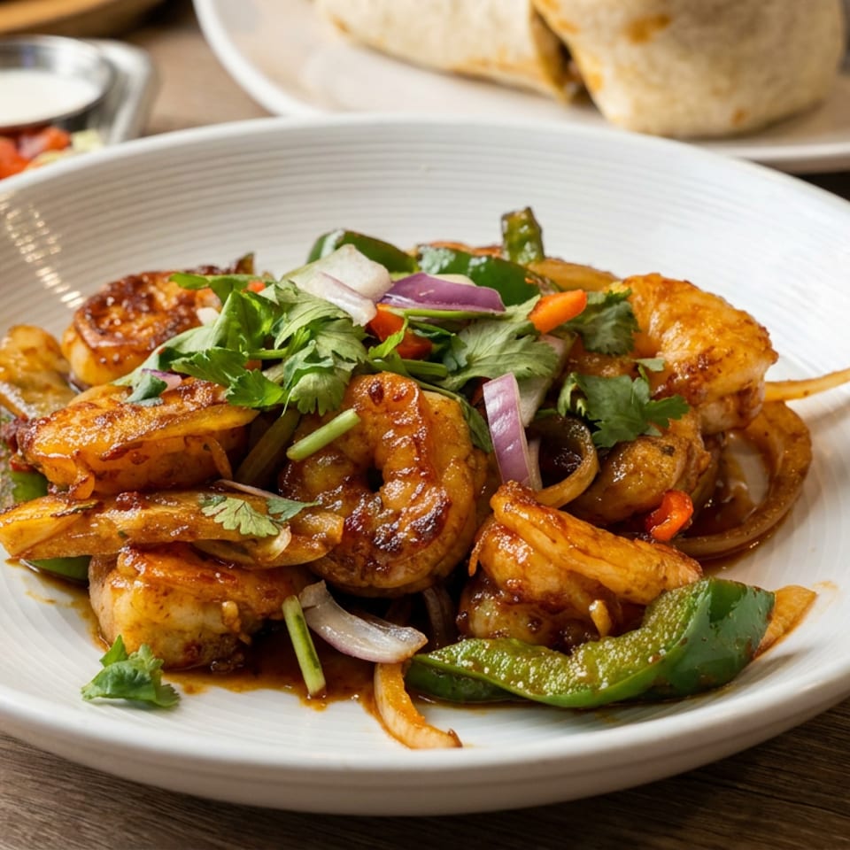 Glazed shrimp and vegetables with cilantro, onions, and peppers served on a white plate at a restaurant table.